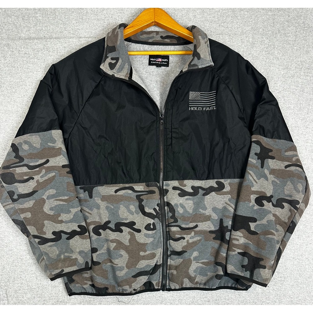 Hold Fast Fleece Jacket Mens XL Black Camo Full Zip Mixed Media Flag